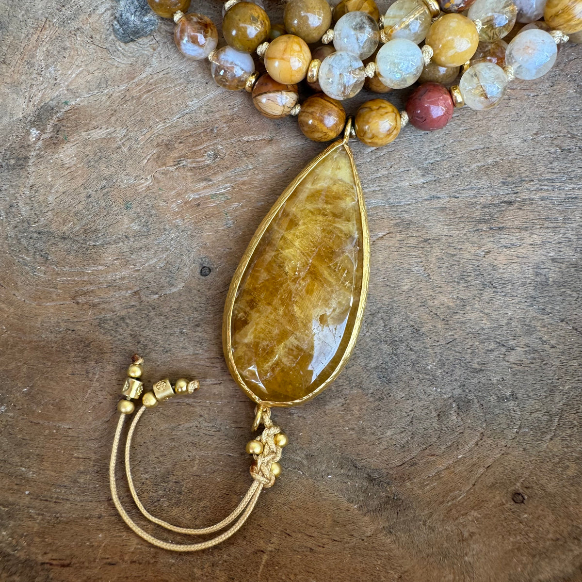 Yellow Jasper and Citrine Mala with Golden Healer Guru Bead – Rana