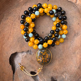 Yellow Jade, Rainbow Obsidian and Angelite Mala with Persian Turquoise Guru Bead