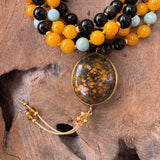 Yellow Jade, Rainbow Obsidian and Angelite Mala with Persian Turquoise Guru Bead