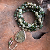 Jade, Forest Jasper and Prehnite Mala with Prehnite Guru Bead