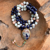 Sodalite, Sunstone and Angelite Mala with Sodalite Guru Bead