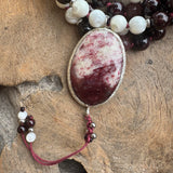 White Shells, Garnet and Strawberry Quartz Mala with Pink Tourmaline Guru Bead