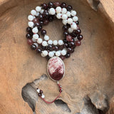 White Shells, Garnet and Strawberry Quartz Mala with Pink Tourmaline Guru Bead