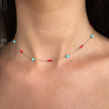 Silver- Turquoise and Mediterranean Coral Beaded Sterling Silver Necklace