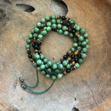 Siberian Emerald (Diopside), Matte Tiger's Eye & Black Tourmaline Adjustable Mala with Pyrite Guru Bead