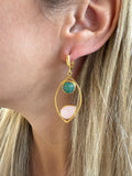 Gold - Green and Rose Quartz  Aventurine Earrings