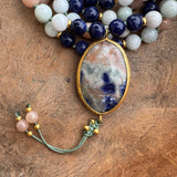 Sodalite, Sunstone and Angelite Mala with Sodalite Guru Bead