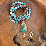 Tibetan Agate, Amazonite and White Shells Mala with Amazonite Guru Bead