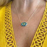 Silver - Glass blown Eye Shape Eye of Protection adjustable Necklace