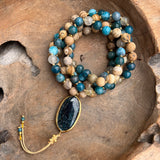 Apatite, Picture Jasper & Rutilated Quartz Mala with Apatite Guru Bead