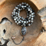 Tourmalinated Quartz One of a Kind Mala with Tourmalinated Quartz Guru Bead