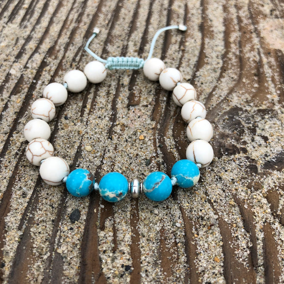 White Turquoise & Sea Sediment Jasper 8mm Adjustable Beaded Bracelet with Silver Accents
