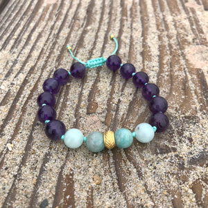 Amethyst & Amazonite 8mm Adjustable Beaded Bracelet with Gold Accents