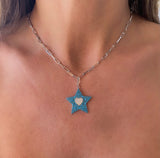Silver- Turquoise Star and Heart Paperclip Chain Sterling Silver Necklace