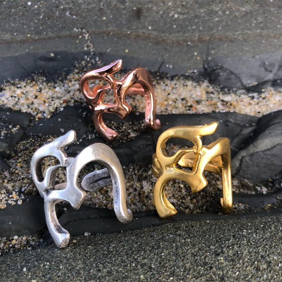 Adjustable Om Symbol Rings shown in Gold, Silver, and Rose Gold Finish