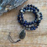 Blue Kyanite Mala with Labradorite Guru Bead