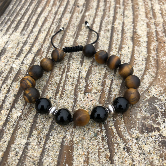 Black Onyx & Matte Tiger’s Eye 8mm Adjustable Beaded Bracelet with Silver Accents