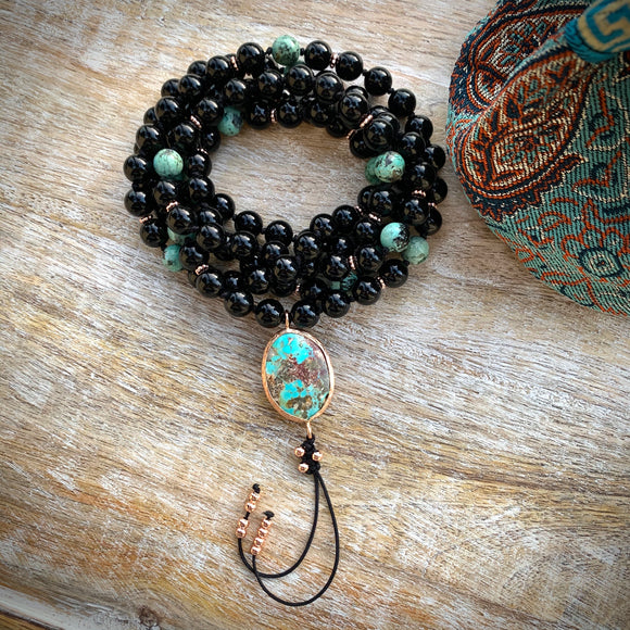 Black Tourmaline Mala with Persian Turquoise Guru Bead