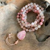 Rhodochrosite and Phantom Quartz Mala with Rhodochrosite Guru Bead