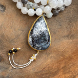 Merlinite, Moonstone and Black Tourmaline Mala with Merlinite Guru Bead