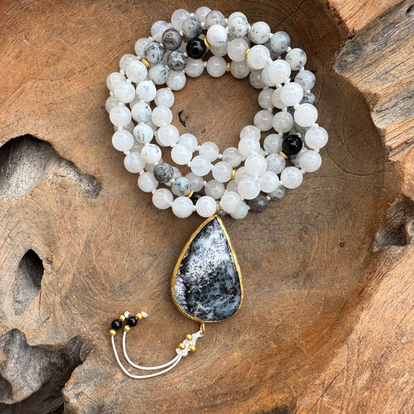 Merlinite, Moonstone and Black Tourmaline Mala with Merlinite Guru Bead