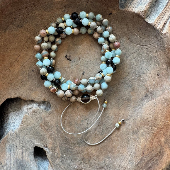 Peruvian Blue Opal, Smokey Quartz and Green Angelite Adjustable Mala with Smokey Quartz Guru Bead