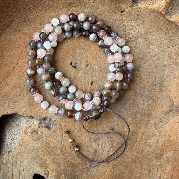 Rose Quartz, Moonstone and Botswana Agate adjustable Mala with Pyrite Guru Bead