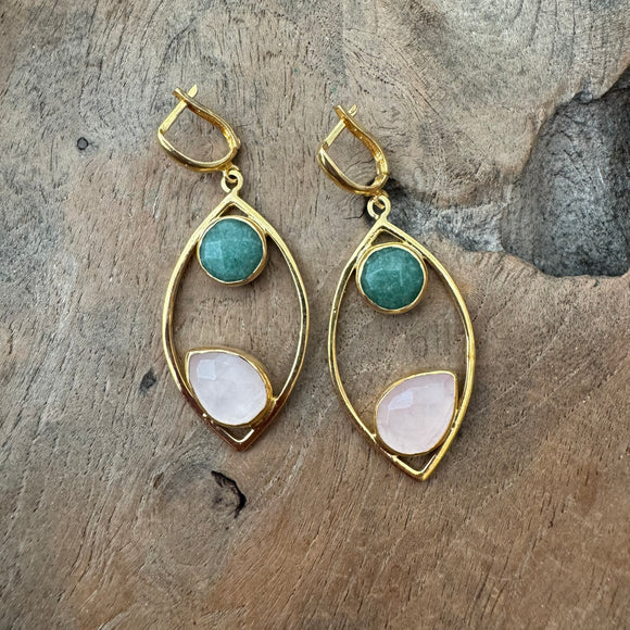 Gold - Green and Rose Quartz  Aventurine Earrings