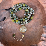 Jade, Forest Jasper and Olive Jade Mala with Mica Guru Bead