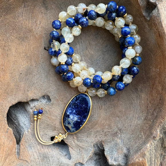 Citrine and Lapis Lazuli Mala with Sodalite Guru Bead