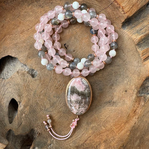 Rose Quartz, Labradorite, White Shells Mala with Rhodochrosite Guru Bead