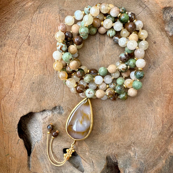 AgarWood , Green Opal and Citrine Mala with Yellow Hematoid Quartz Guru Bead