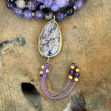 Amethyst, Lepidolite and Charoite Mala with Charoite Guru Bead