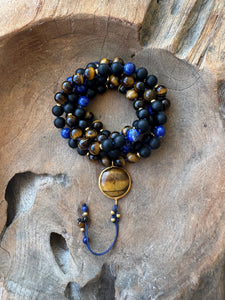 Matte Black Onyx, Tiger’s Eye & Lapis Lazuli Mala with Tiger’s Eye Guru Bead