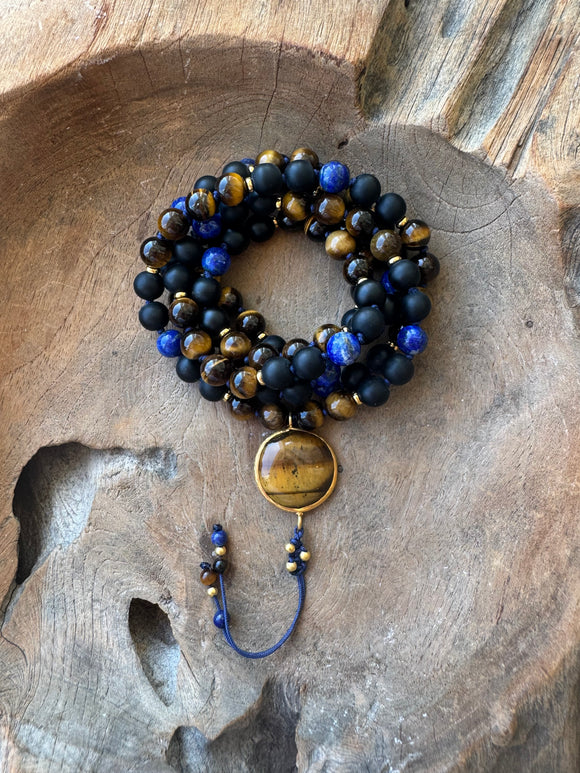 Matte Black Onyx, Tiger’s Eye & Lapis Lazuli Mala with Tiger’s Eye Guru Bead