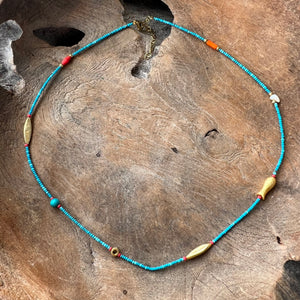 Silver- Turquoise and Mediterranean Coral Beaded Sterling Silver Necklace
