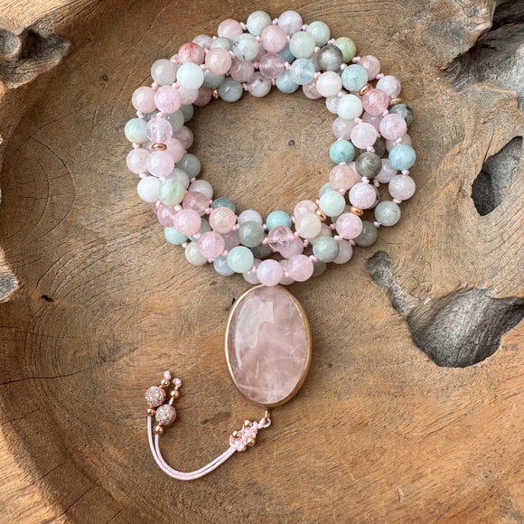 Morganite One of a Kind Mala with Rose Quartz Guru Bead