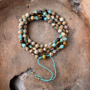 Tiger's Eye, Turquoise & Picture Jasper Adjustable Mala with Tiger's eye Guru Bead