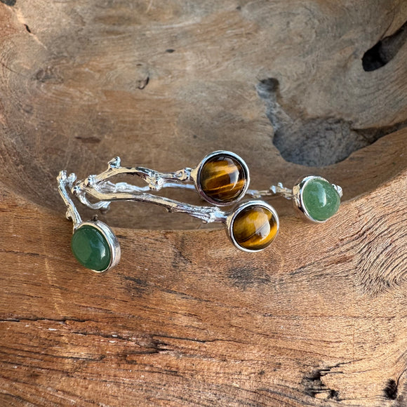 Silver - Green Aventurine and Tiger's Eye Bangle Bracelet