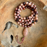 Sunstone, Garnet & Red Snowflake Jasper Mala with Sunstone Guru Bead