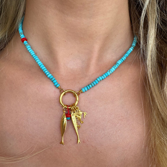Silver- Turquoise Beaded Fish Sterling Silver Necklace