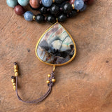 Larimar, Shungite, Petrified Wood and Blue Kynite One of a Kind Mala with Pietersite Guru Bead