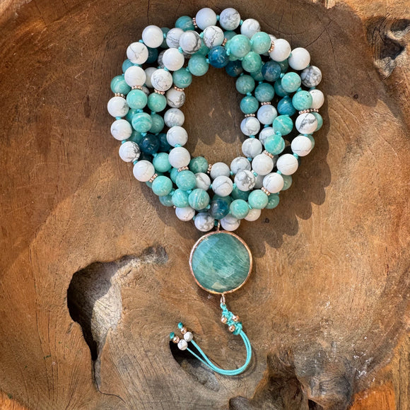 Howlite, Amazonite and Apatite Mala with Amazonite Guru Bead