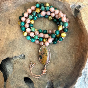Verdite, Sunstone and Golden Tiger's Eye Mala with Fancy Jasper Guru Bead