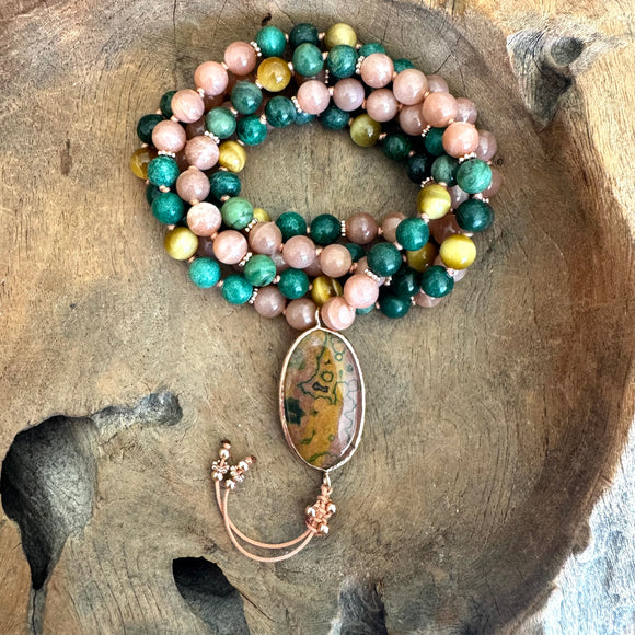 Verdite, Sunstone and Golden Tiger's Eye Mala with Fancy Jasper Guru Bead