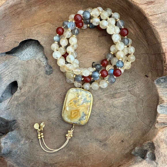 Labradorite, Carnelian and  Citrine Mala with Crazy Lace Agate Guru Bead