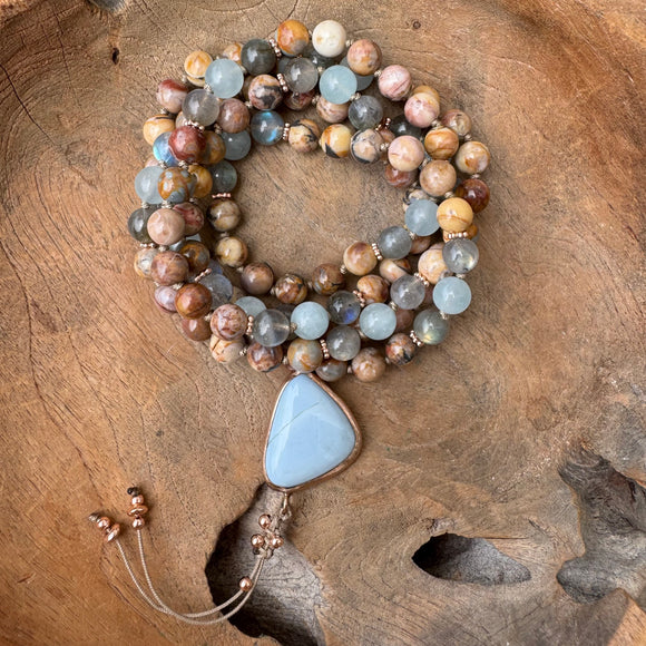 Venus Jasper, Labradorite & Aquamarine Mala with Chalcedony Guru Bead