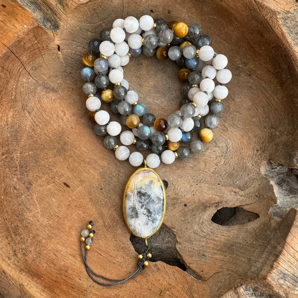 Labradorite, Golden Tiger's eye and White Agate Mala with Crazy Lace Agate Guru Bead