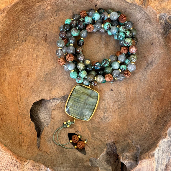 Chrysocolla, Rudraksha and Labradorite Mala with Labradorite Guru Bead