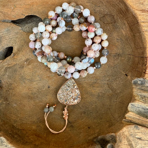 Pink Opal, Moonstone & Labradorite Mala with Pyrite Guru Bead